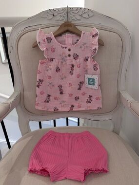 🤍 12~18 Mth Baby Girl Pink Minnie Mouse Palm Tree Two-Piece Set 100% Cotton NWT